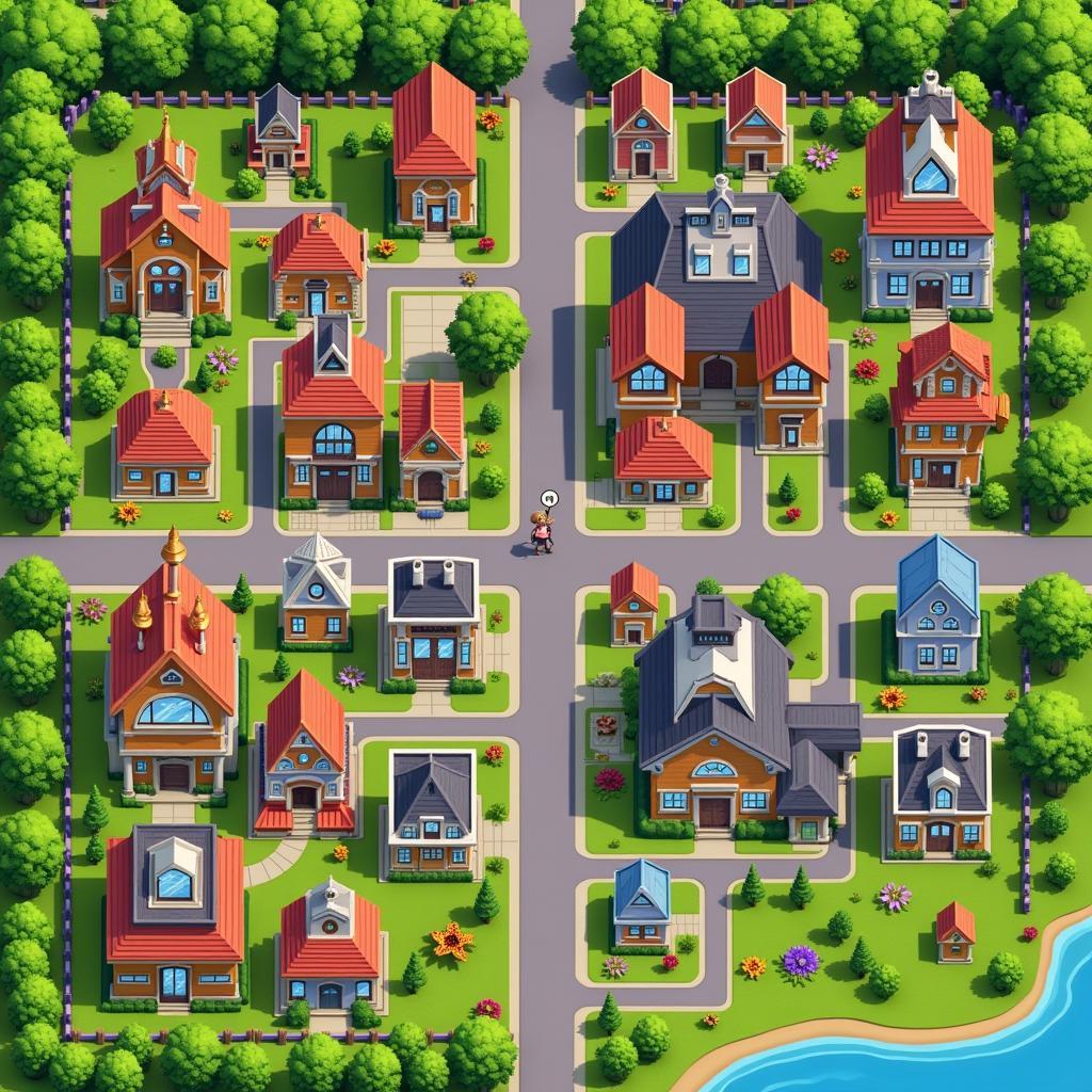 A well-planned town layout in Dream Town Story Mod APK, showcasing a balanced mix of residential, commercial, and recreational areas.