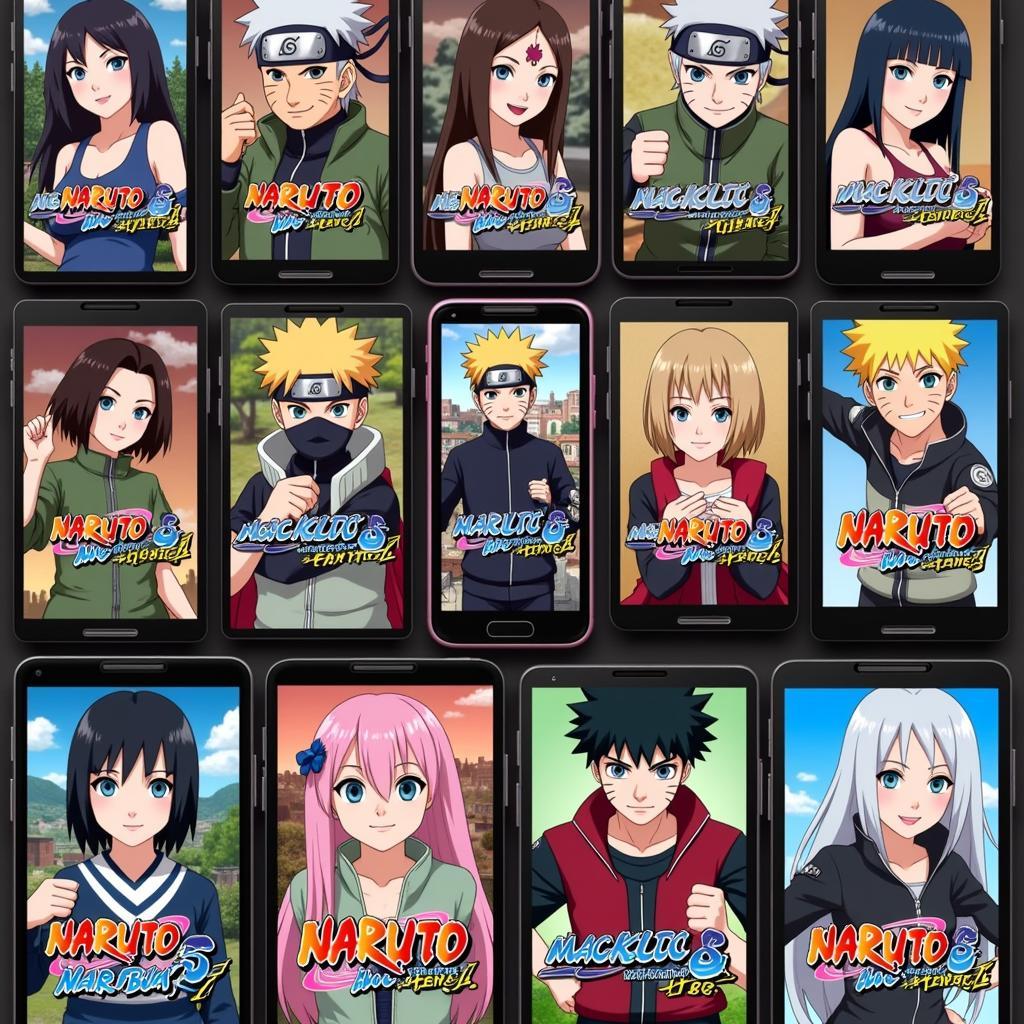 Various Naruto APK games displayed on mobile screens