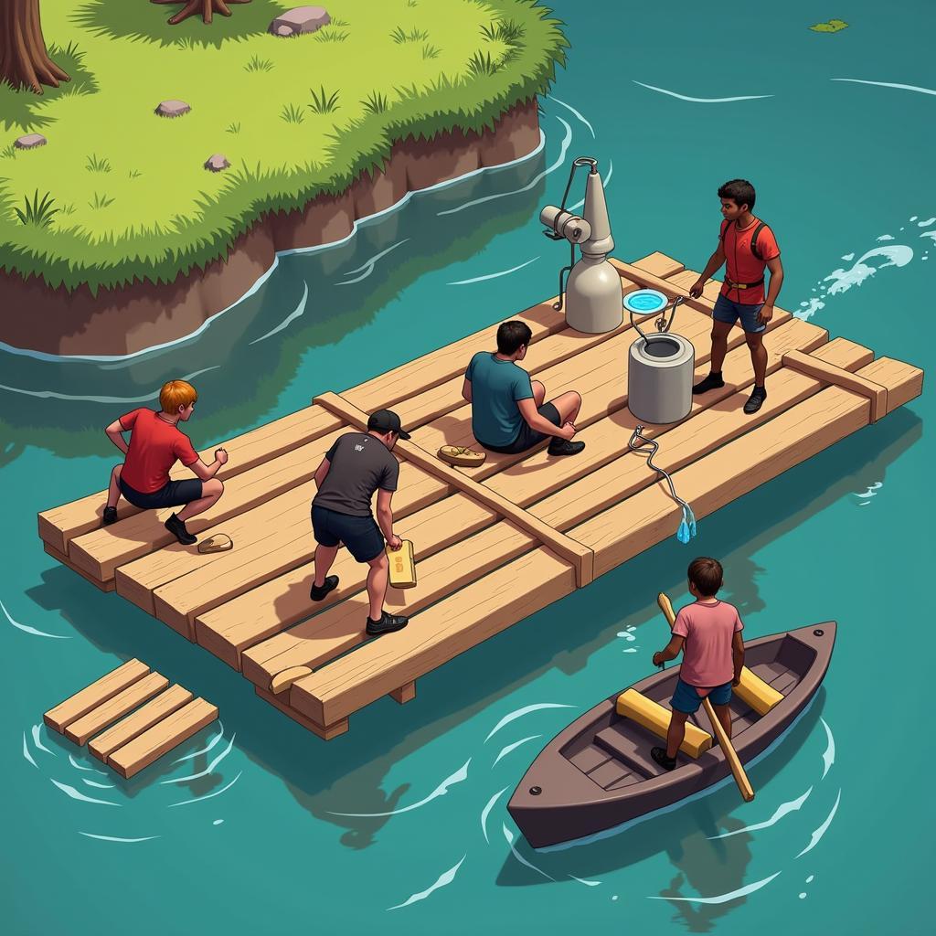 Players Collaborating on Raft Construction in Multiplayer Mode