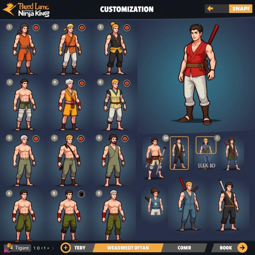 Character customization screen in Ultimate Ninja Ninja King Mod APK, displaying various options for customizing the ninja's appearance.