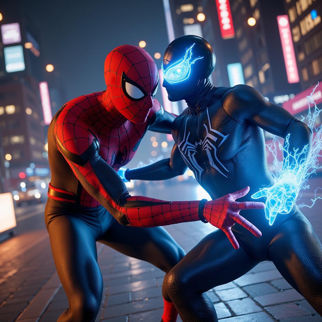 Spider-Man battling Electro in the Amazing Spider-Man 2 mod APK.