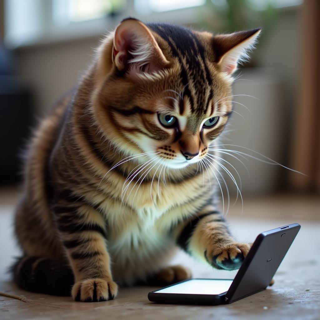 A cat seemingly engaged in playing a mobile game