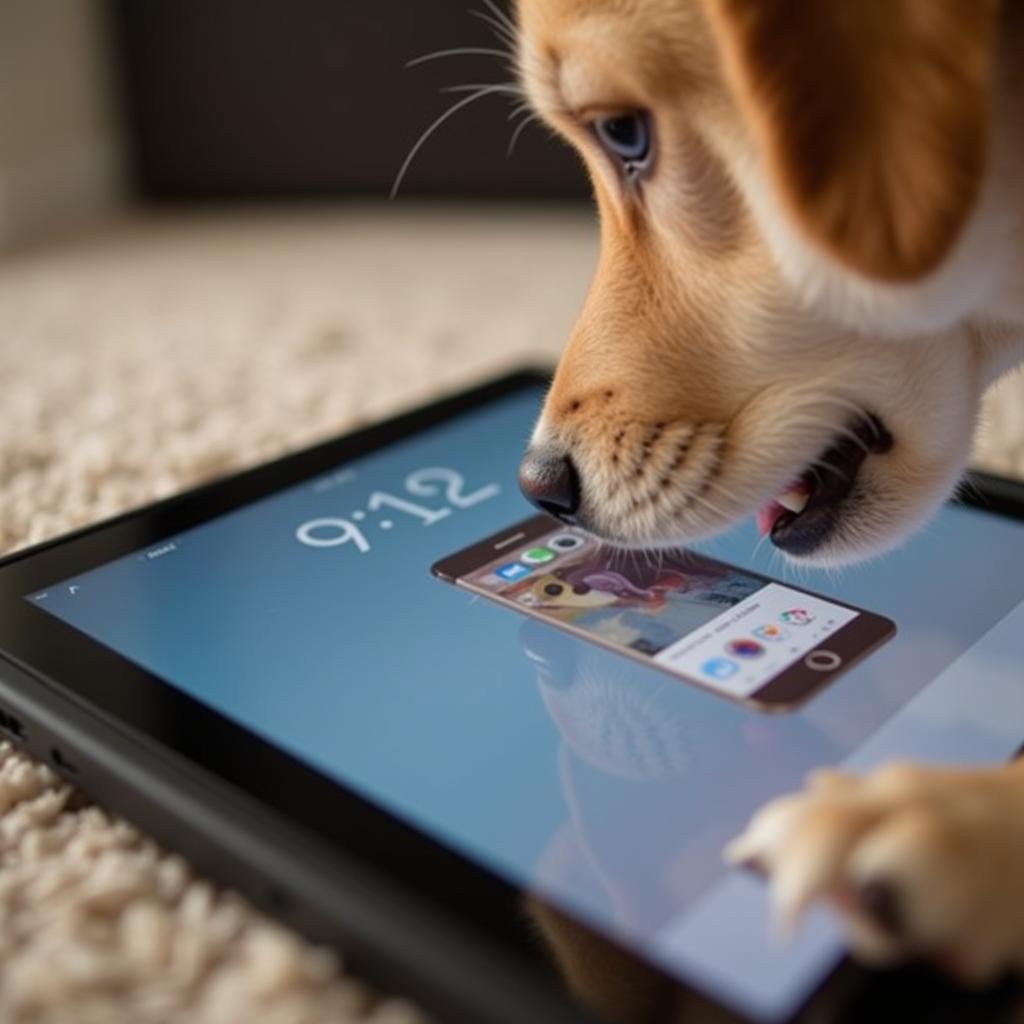 A dog's paw resting on a tablet screen