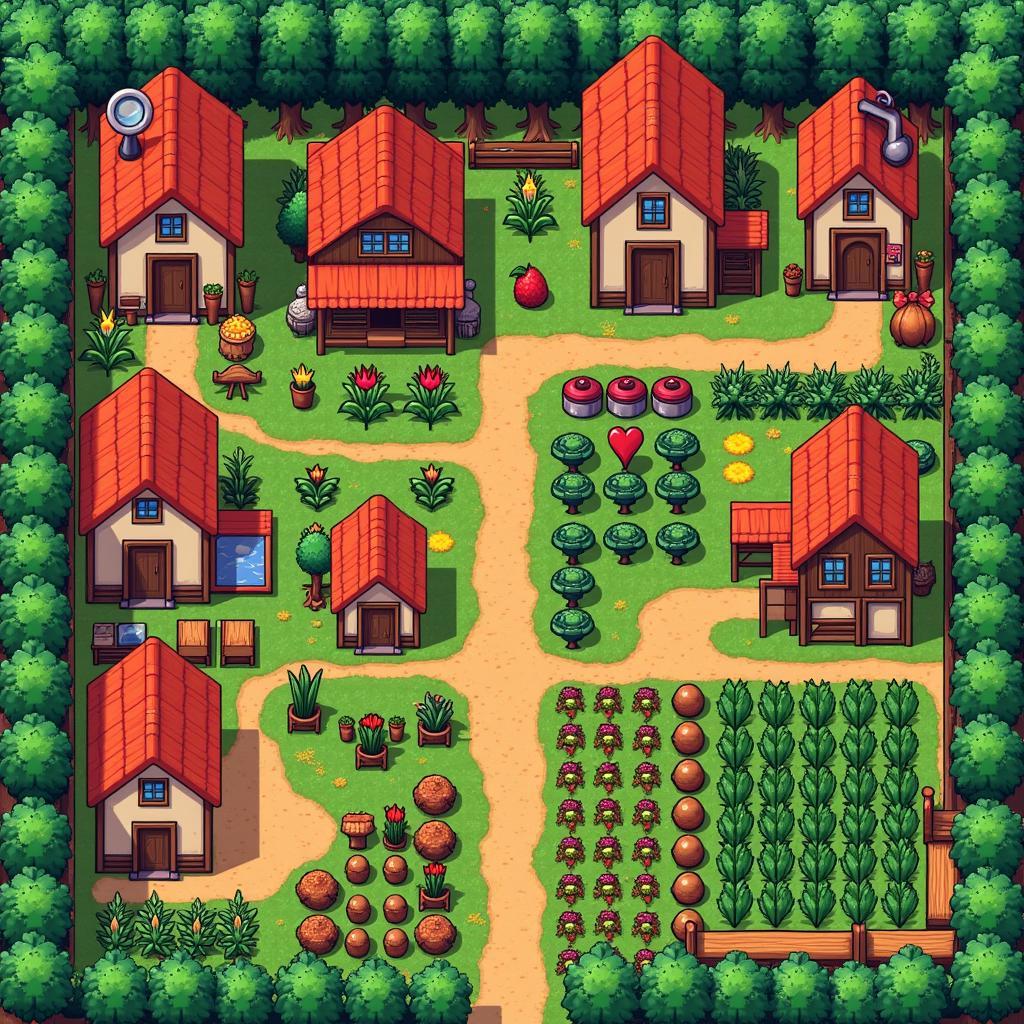 A screenshot of a Stardew Valley farm with mod-added features like new buildings and crops.