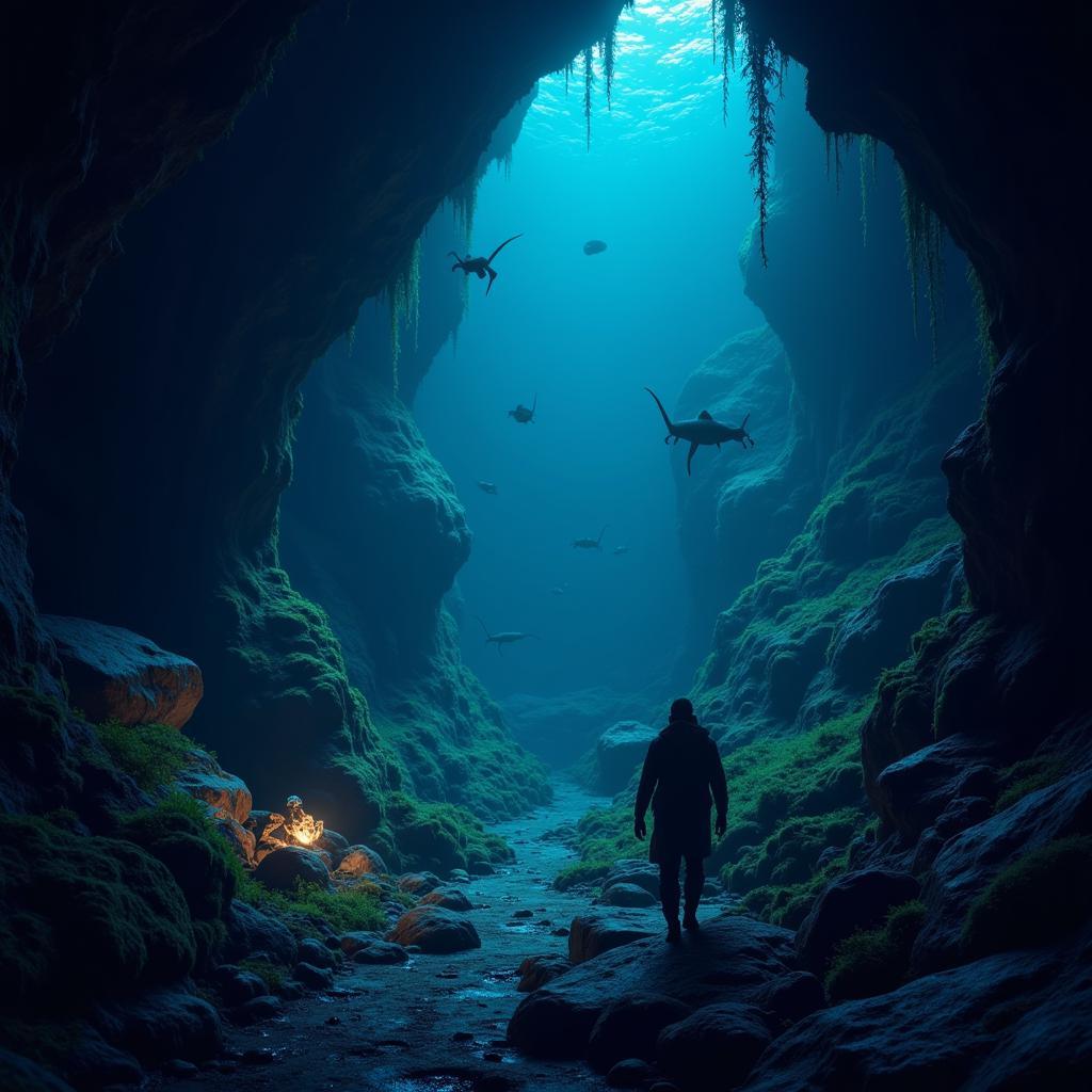 Exploring a dark underwater cave in Subnautica APK